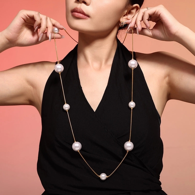 Europe And America Geometric Highlight Shell Pearls Sweater Chain Stainless Steel 18K Gold Plated PVD Long Sweater Accessories