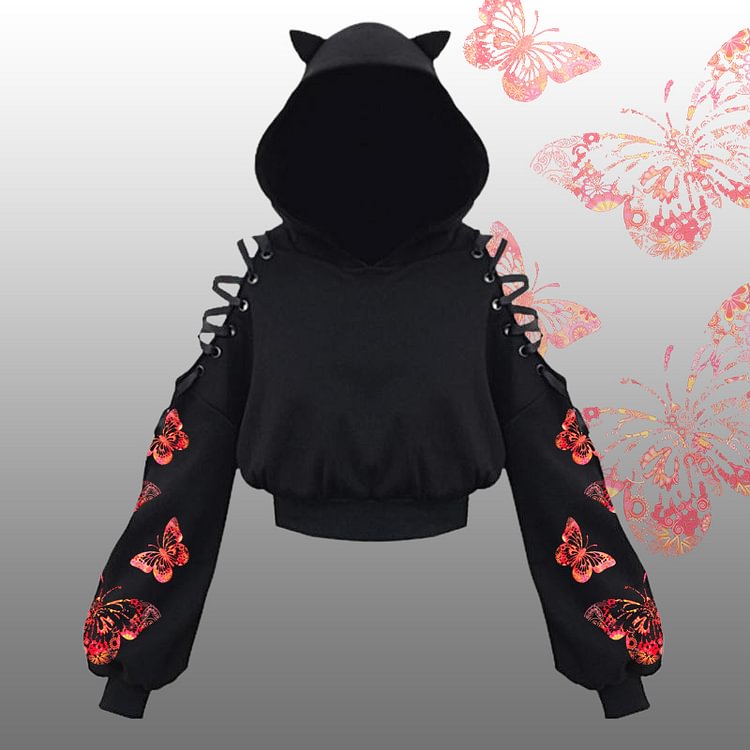 Butterfly Letter Print Cat Ears Lace Up Short Hoodie - Modakawa Modakawa