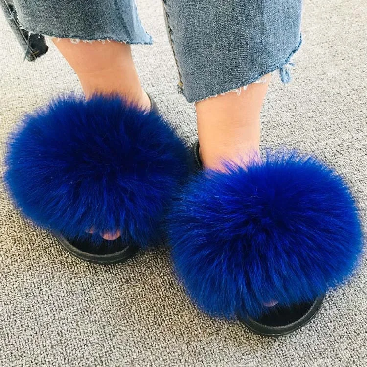 Hot Summer Women Fox Fur Slippers Real Fur Slides Female Indoor Flip Flops Casual Raccon Fur Sandals Furry Fluffy Plush Shoes