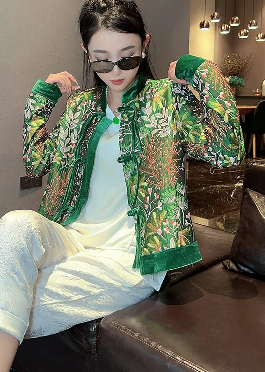 Chinese Style Green Stand Collar Tasseled Print Velour Jacket Spring