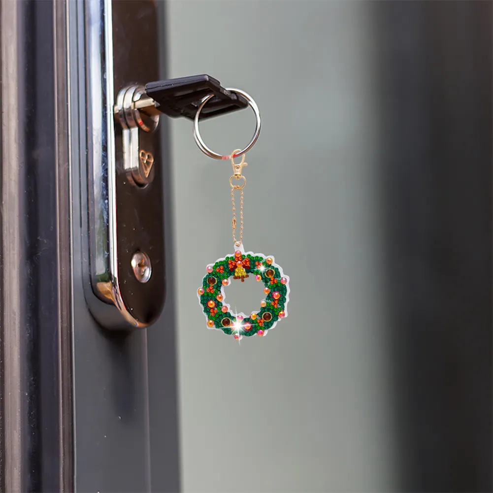 5pcs Diamonds Painting Keychain Christmas Tree Crafts DIY Key Ring Decor(Double Side)