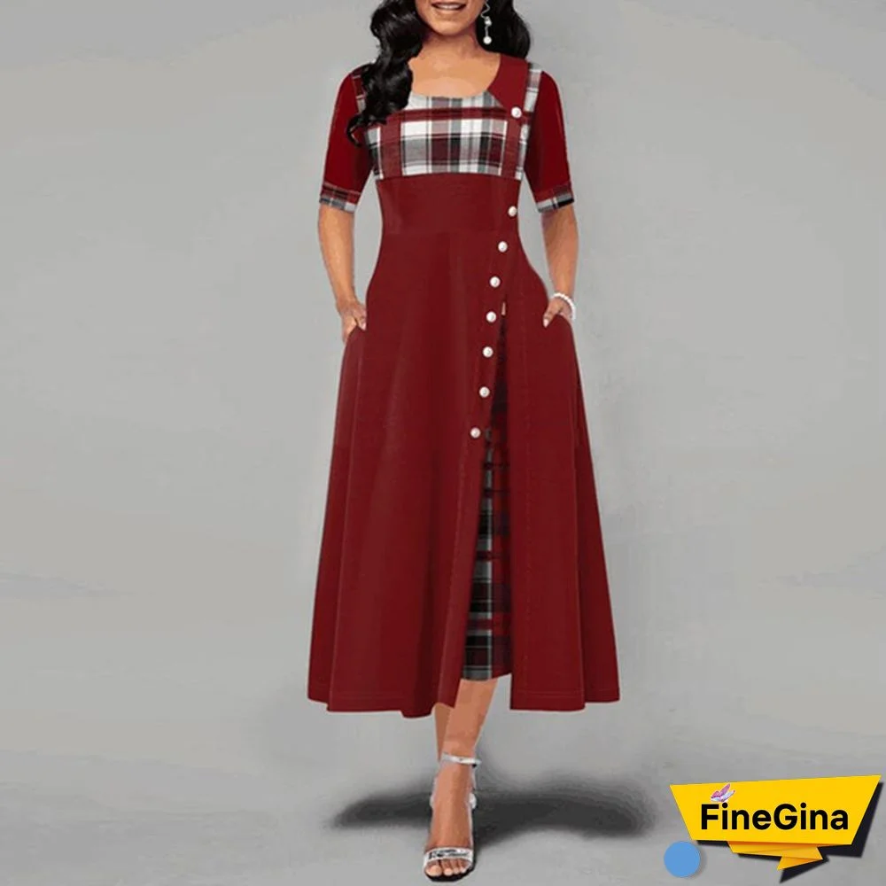 Women's Fashion Half Sleeve Plaid Print Button Detail Maxi Dress Vintage Dress Plus Size S-5XL