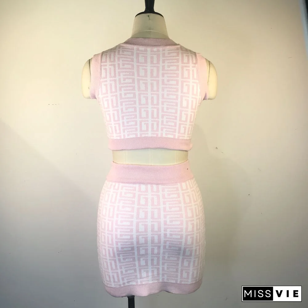 Geometric Knitted Vest Crop Tops Two Piece Skirt Sets