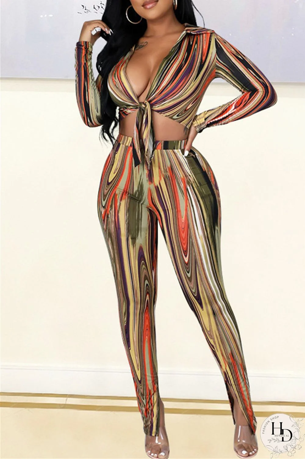 Rose Red Blue Sexy Casual Print Bandage Turndown Collar Long Sleeve Two Pieces