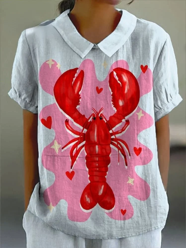 Women's Pink Heart Lobster Print Casual Cotton And Linen Shirt