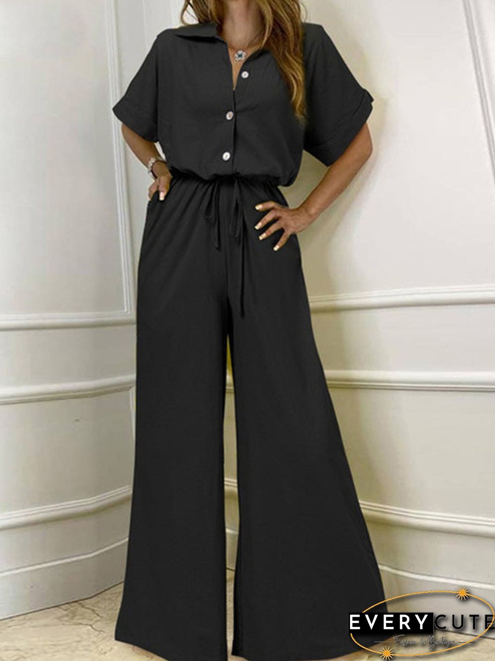 Women'S Jumpsuits Lapel Button Short Sleeve Belted Wide Leg Jumpsuit