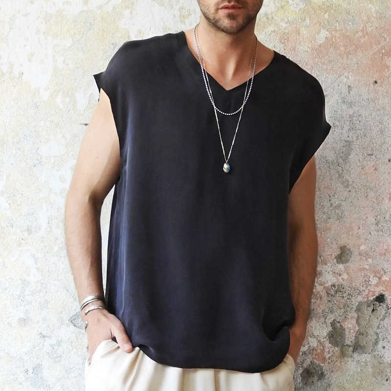 Men's Black Linen Sleeveless Vest