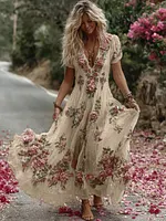 Women's Vintage Floral Embroidery Art Comfy Linen Maxi Dress - Image 3