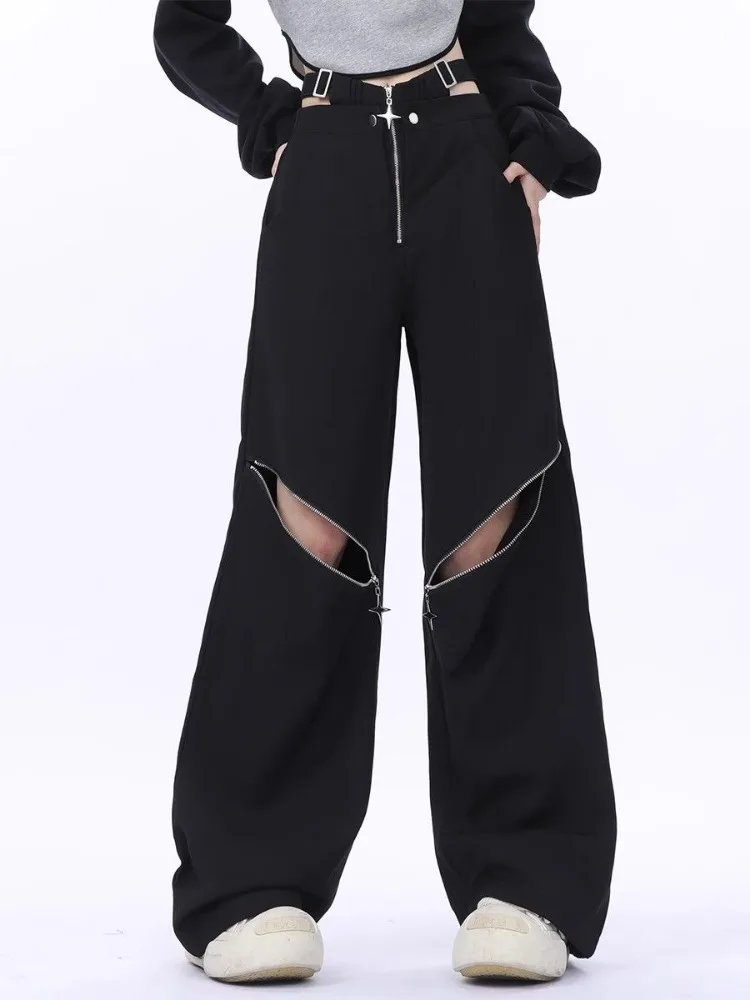 Jobcostpro Y2K Black Cargo Pants Women Baggy Punk Style Zipper Trouser Hip Hop Gyaru Streetwear High Waist Pant Techwear Hollow Out