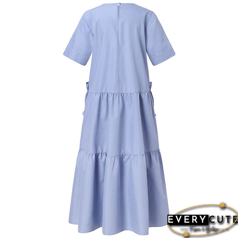Women Summer Short Sleeved Ruffled Hem Casual Loose Long Dress Solid Color Dresses