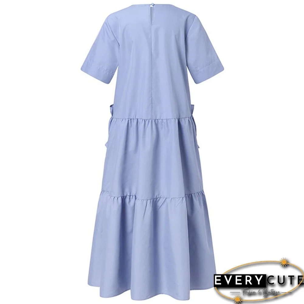 Women Summer Short Sleeved Ruffled Hem Casual Loose Long Dress Solid Color Dresses