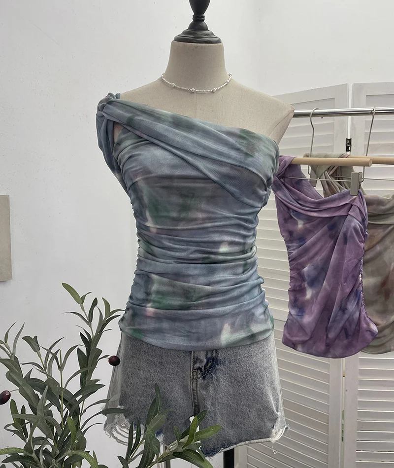 Churchf Net Yarn Printed Slanted Shoulder Sling Vest Retro Design Folding Temperament Short Blouse 8009