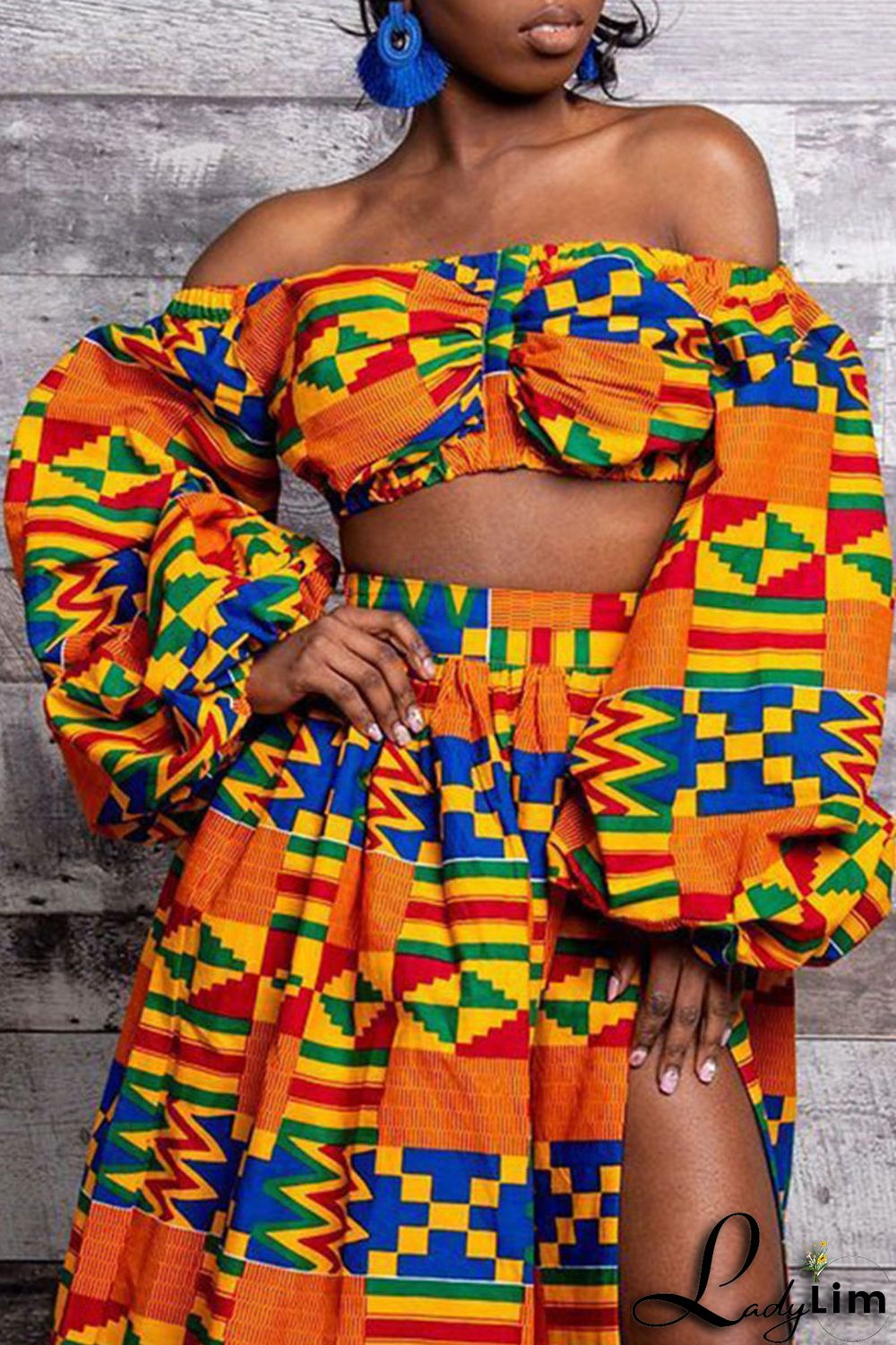 Yellow Vintage Elegant Print Patchwork Off the Shoulder Tops