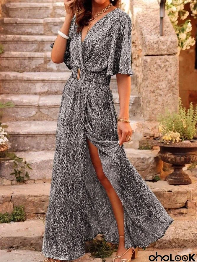 Women Fashion Elegant Tiny Flower Printing Flare Sleeve Wrap Maxi Slit Dress