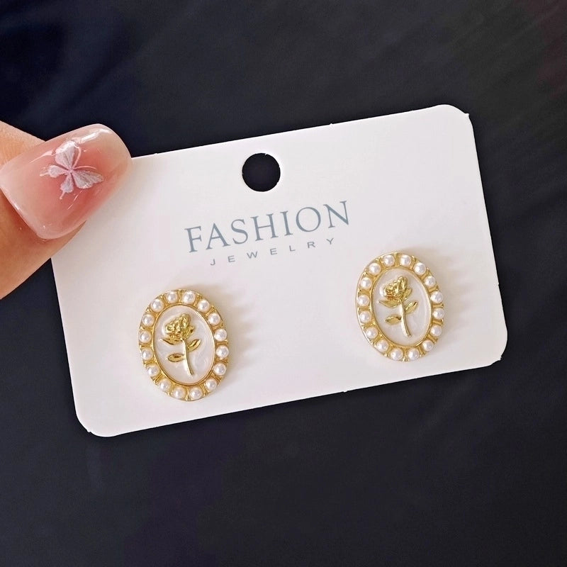 3 Pieces Sweet Heart Shape Rose Flower Inlay Imitation Pearl Alloy Rhinestones Earrings