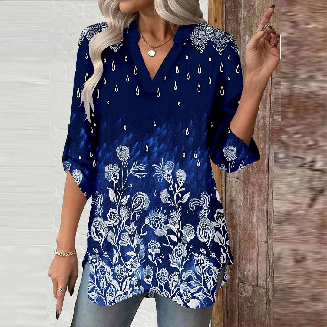 Women Floral, Blue, Polka Dots DZGA0749 3/4 Sleeve V-neck Printed Graphic Button Tops
