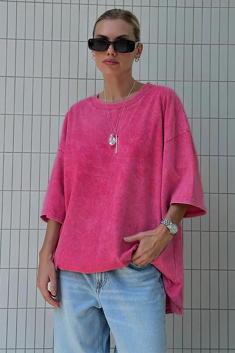 Solid Color Loose Fit Distressed Half Sleeve T-shirt-Pink