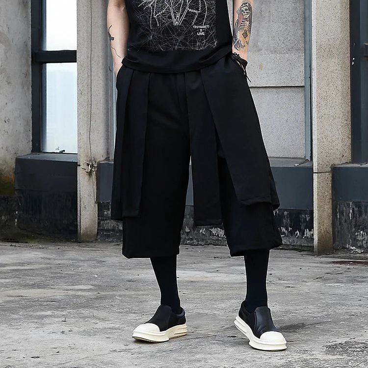 Japanese Style Casual High-waisted Cropped Straight Culottes Pants-dark style-men's clothing-halloween