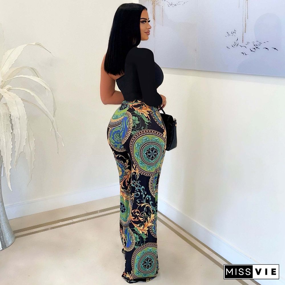 Single Shoulder Patchwork Lace Up Wide Leg Jumpsuits