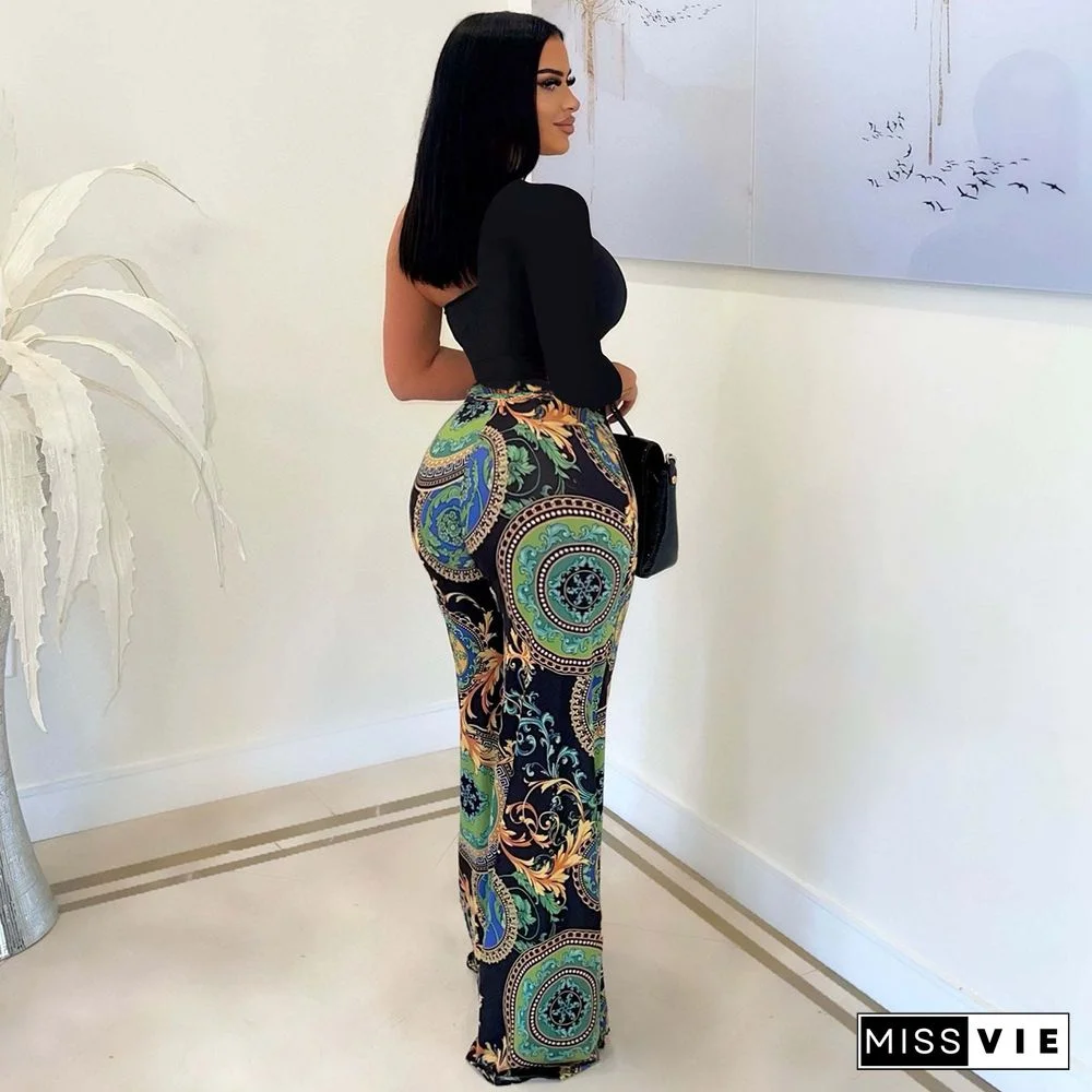 Single Shoulder Patchwork Lace Up Wide Leg Jumpsuits