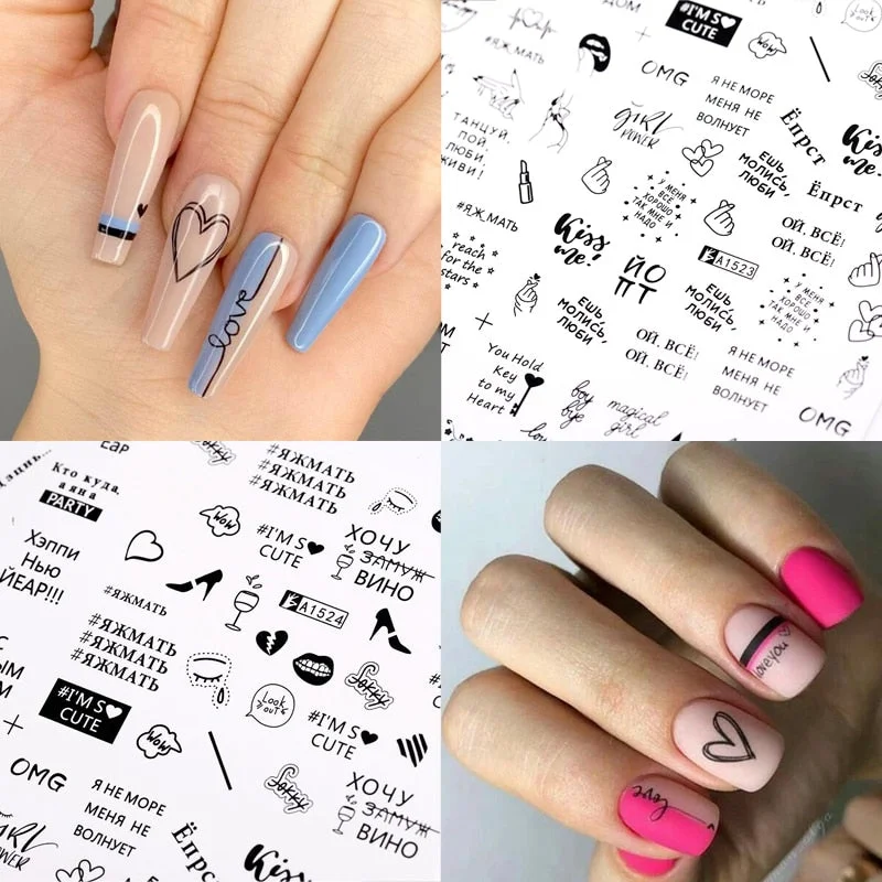 12pcs Valentines Manicures Love Letter Flower Transfer Stickers For Nails Inscriptions Nail Art Decoration Water Sliders Tips