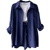 Women's Wrinkled Fabric Casual Long Sleeve Shirt High Waist Drawstring Shorts Two-piece Set