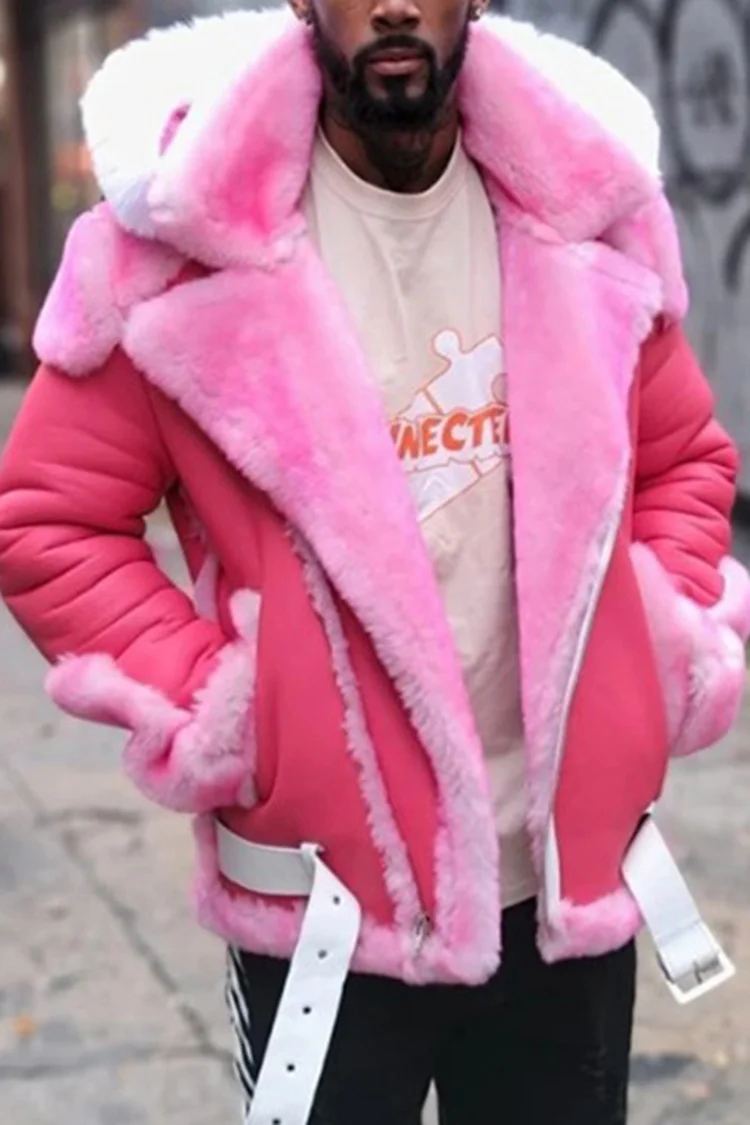Pink Fur Collar Hooded Belt Buckle Plush Leather Jacket
