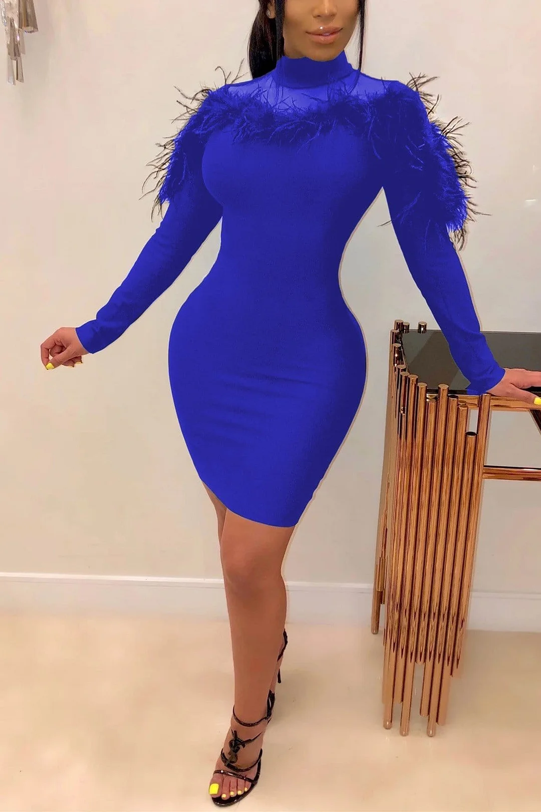Fashion Sexy Feather Mesh Stitching Dress
