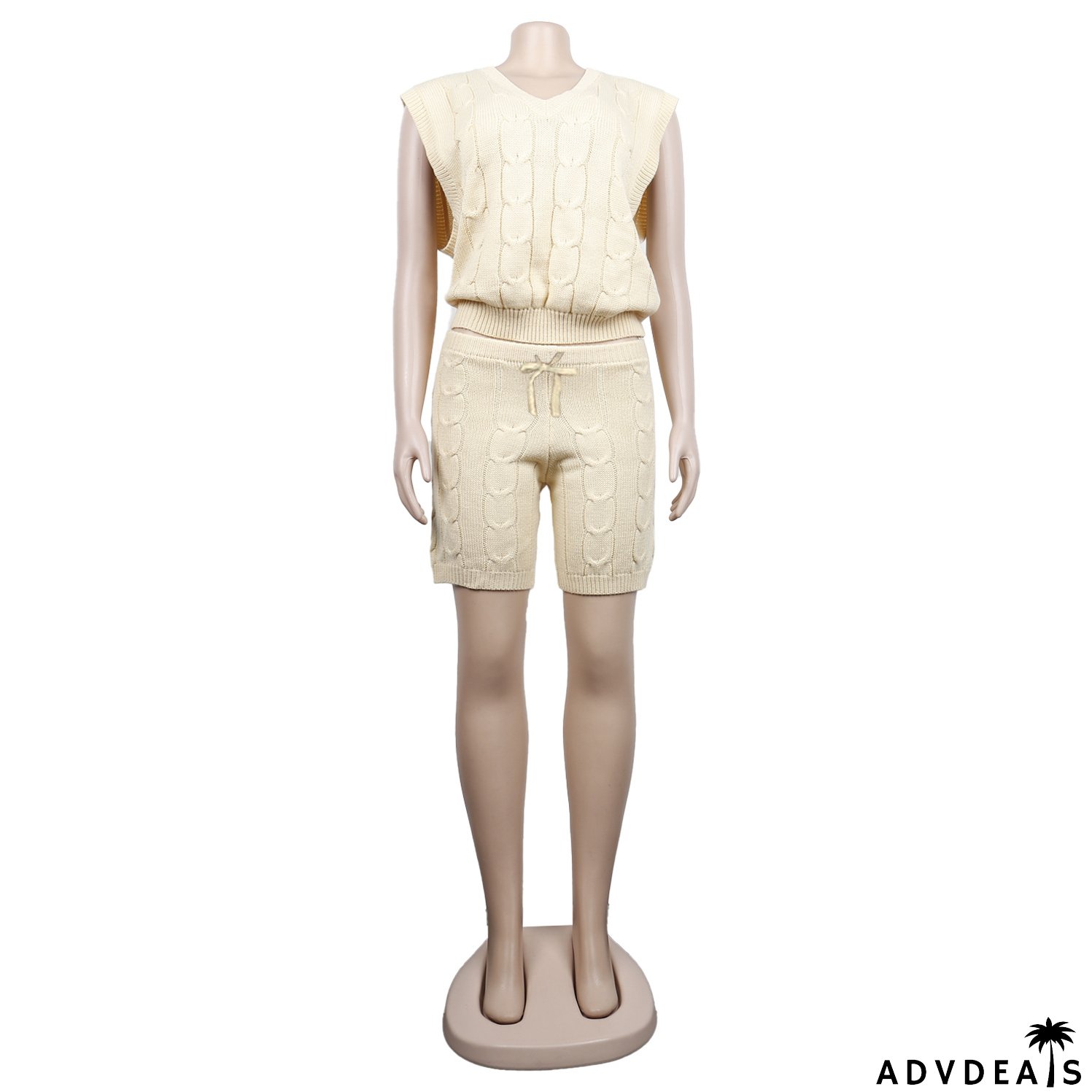 Sexy Solid Deep V Neck Sleeveless Loose Sweater Slim Shorts Two Piece Set