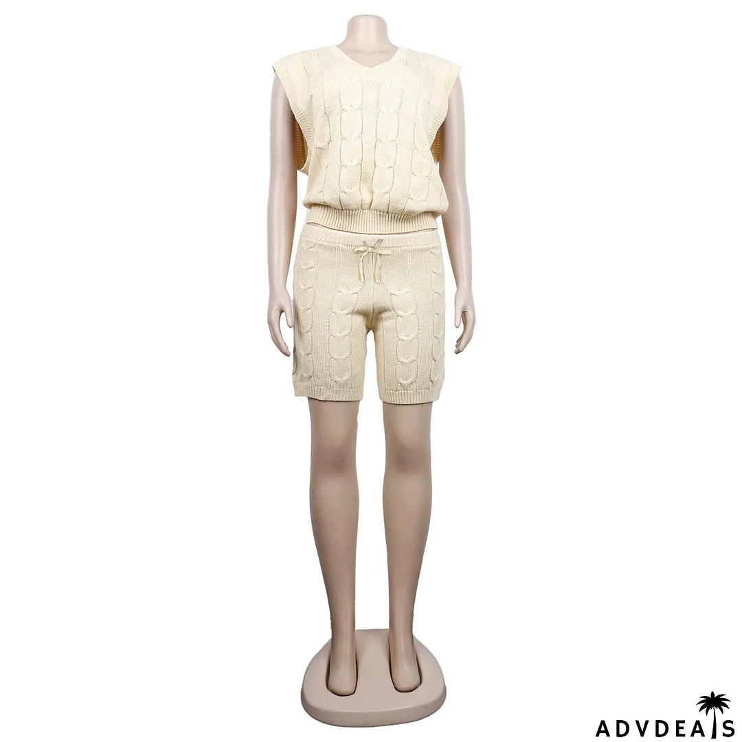 Sexy Solid Deep V Neck Sleeveless Loose Sweater Slim Shorts Two Piece Set
