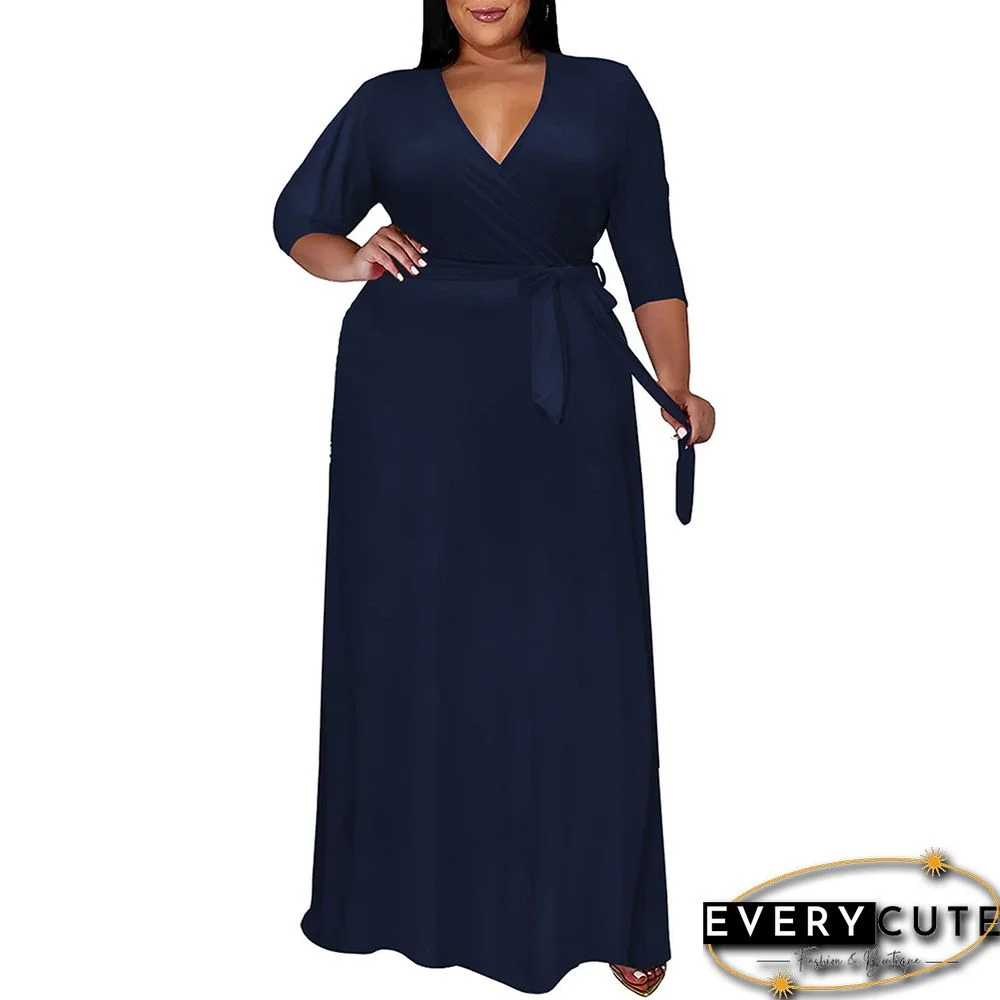 Navy Blue V Neck 3/4 Sleeve Plus Size Dress with Tie