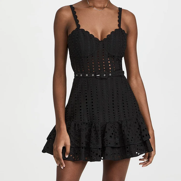 Sling Ruffle Embroidery Mini Dress