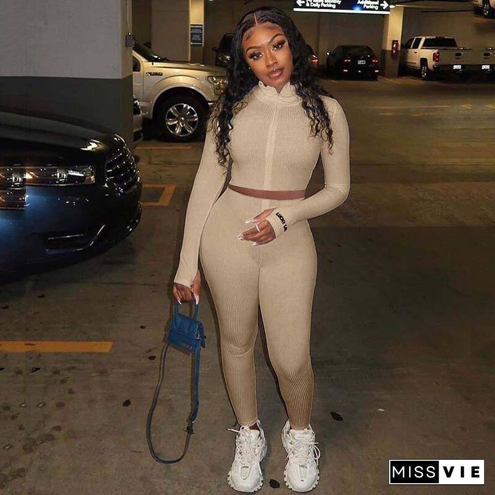 Autumn Ribbed Tracksuit Set Women Two Piece Outfits Work Out Sweat Suits Crop Top Women Set Fitness Sweatsuit Female