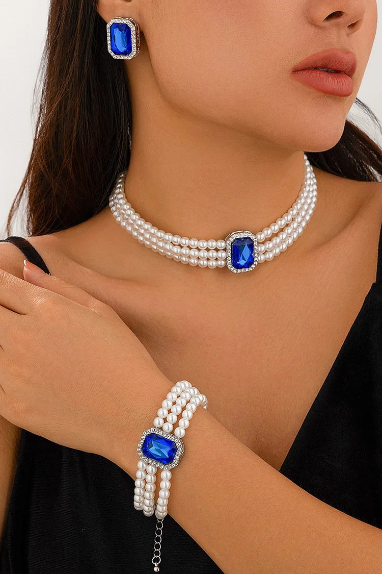 Fashion Rhinestone Multilayer Pearl Choker Earrings Ring Bracelet Jewelry Set 2024 - Xpluswear
