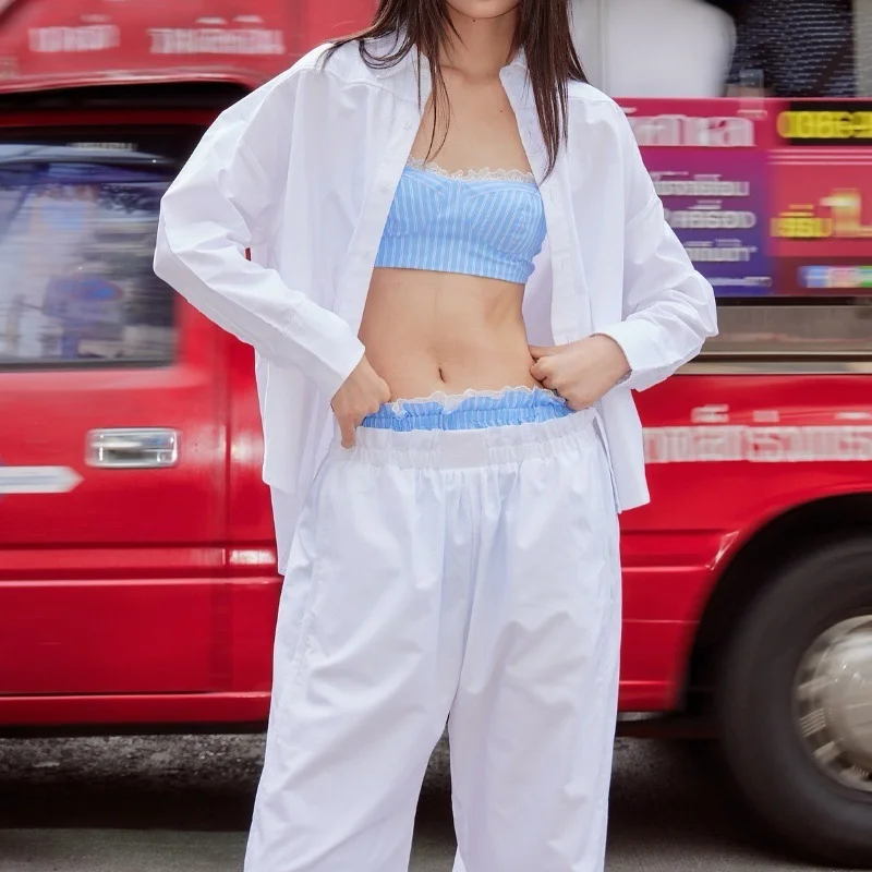 Uveng Uveng 2024 Women's Fashion Casual And Sexy Three-Piece Solid Color Set With Long-Sleeved Shirt And Wide-Leg Pants