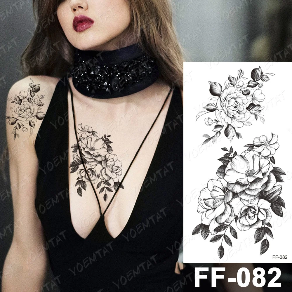 Waterproof Temporary Tattoo Stickers Peony Rose Flower Gun Flash Tattoos Female Black Sketch Body Art Arm Sexy Fake Tatto Male