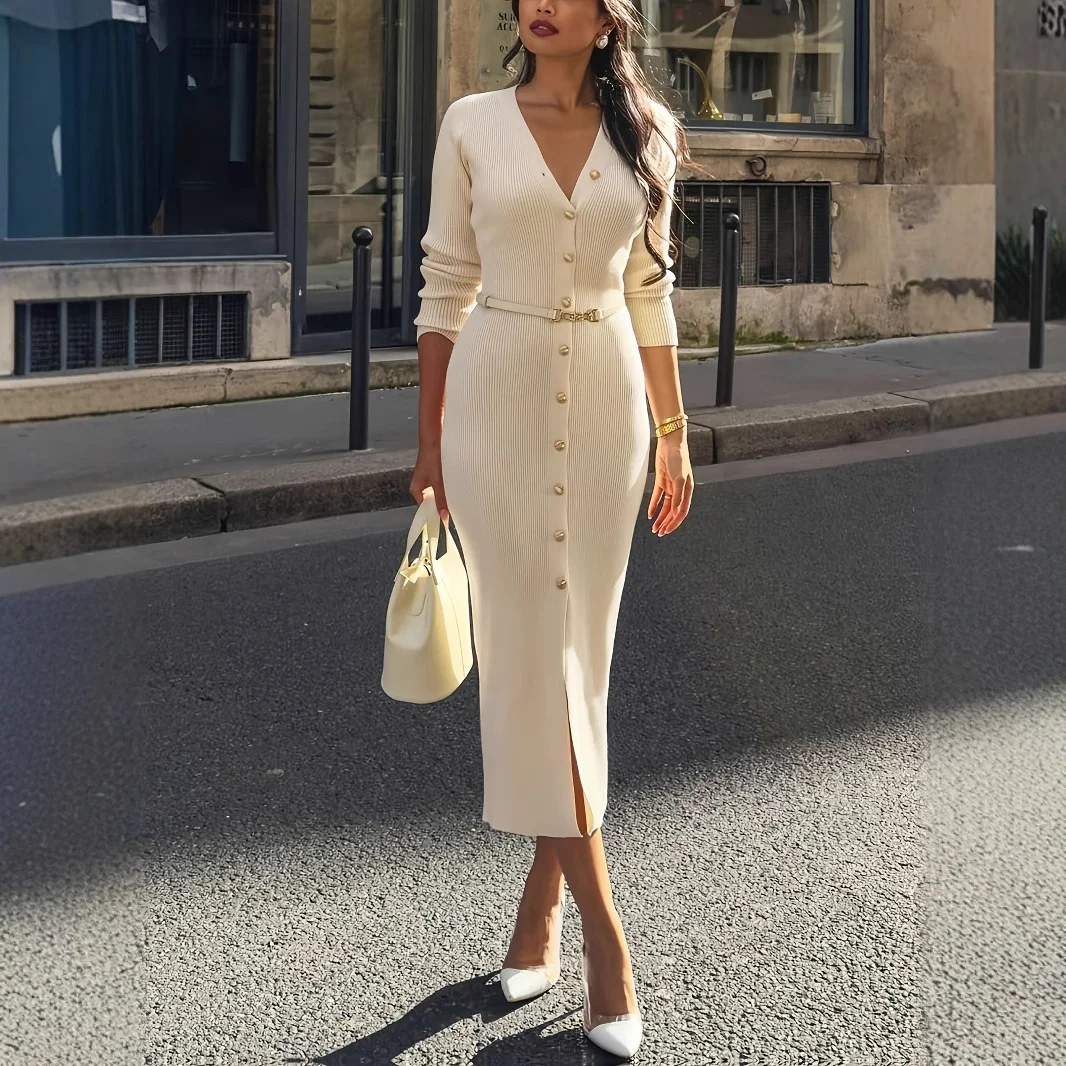 Nigikala Nigikala Women's Delicate High-End Front Buckle With Belt Knitted Dress