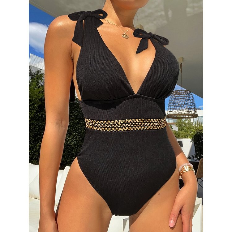 V Neck Stitch Detail Sexy One Piece Swimsuit