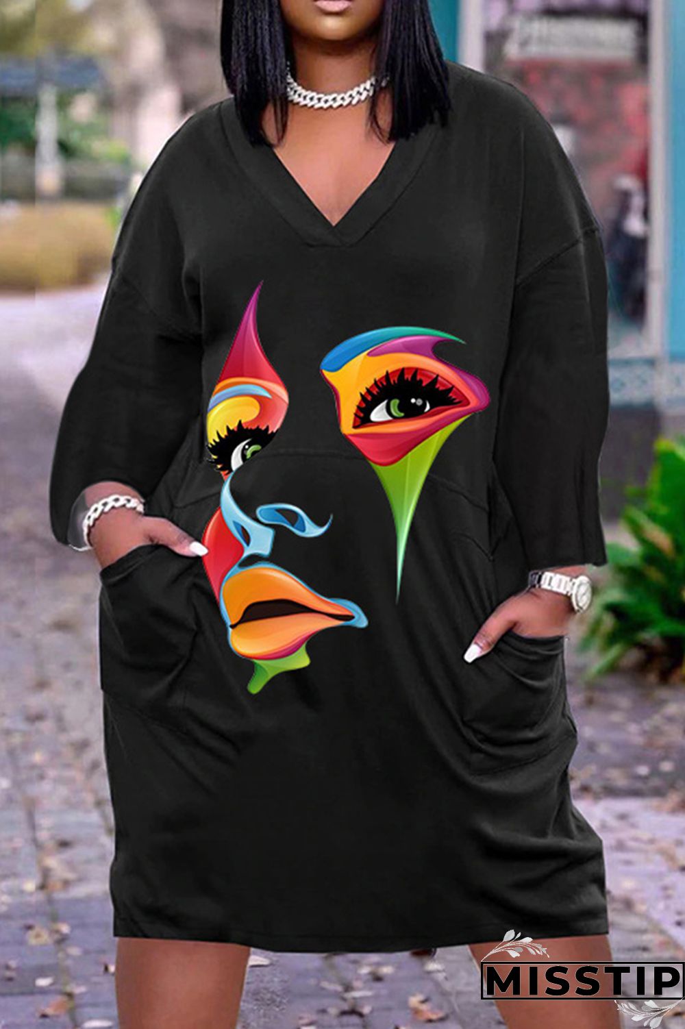 Black Casual Print Patchwork V Neck Long Sleeve Dresses