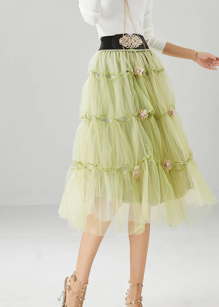 French Grass Green Floral Tulle Skirt Summer