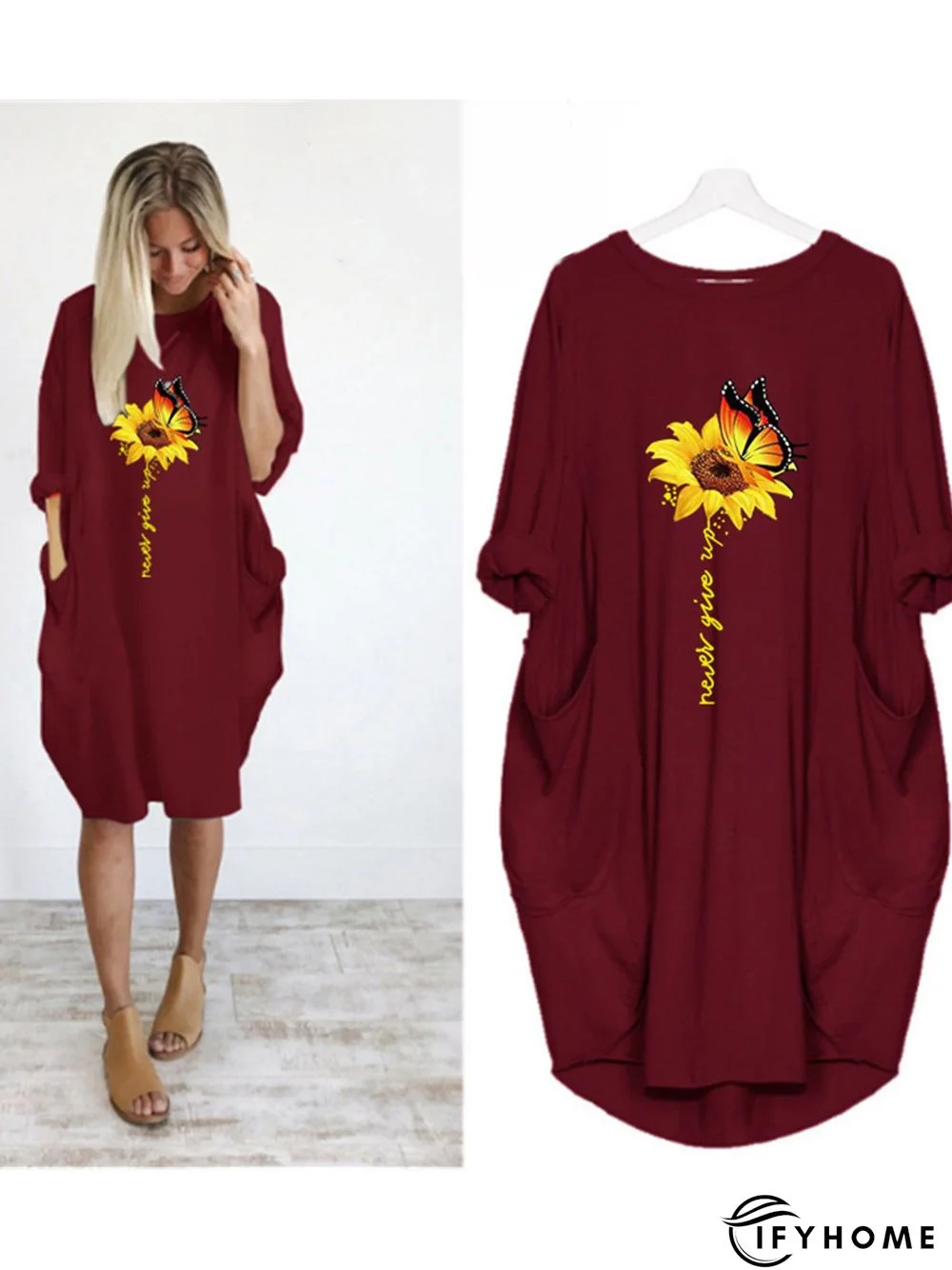 Casual Plus Size Round Neck 3/4 Sleeve Midi Knitting Dress | IFYHOME