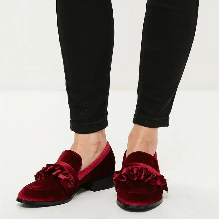 Burgundy Round Toe Velvet Frill Block Heels Loafers for Women |FSJ Shoes