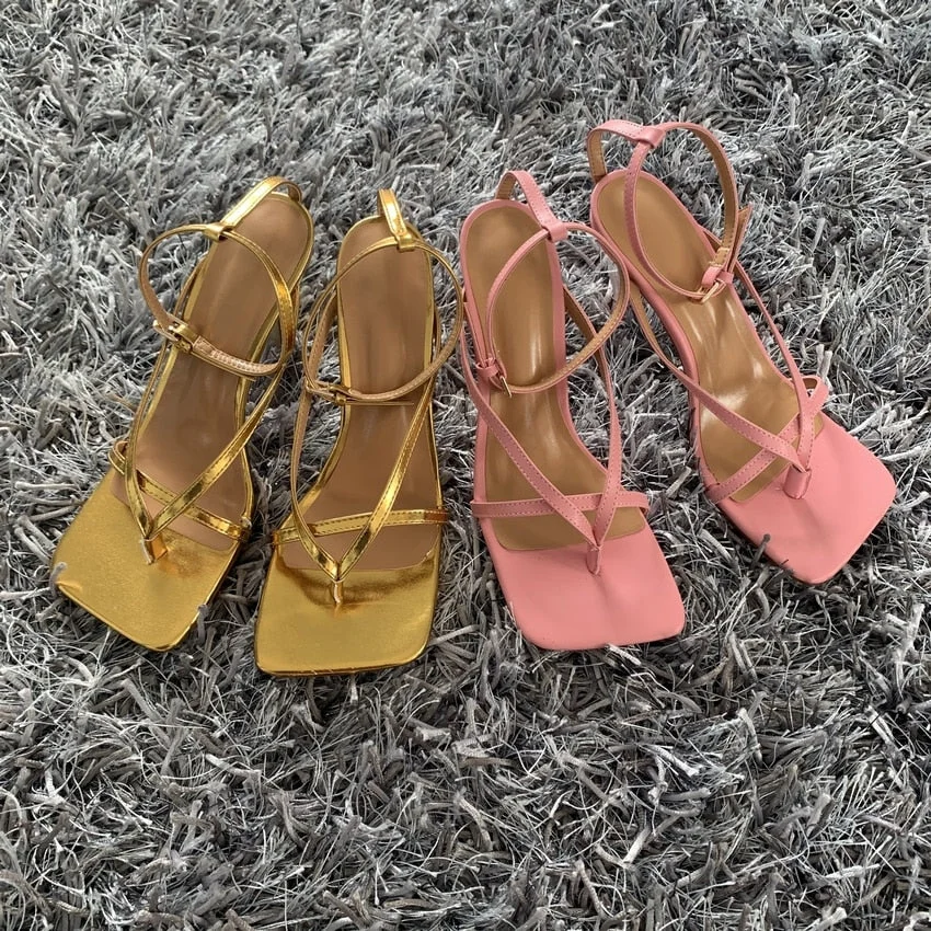 2020 Summer New Fashion Pinch Narrow Band Women Gladiator Sandal Shoes Ladies Square Open Toe Ankle Buckle Strap Stiletto Heels