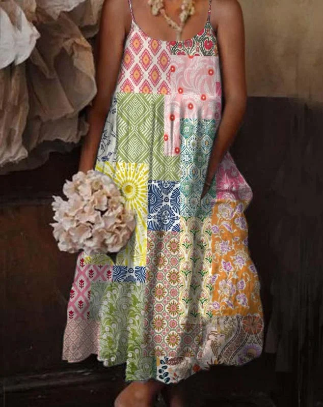 Retro Bohemian Resort Floral Sleeveless Midi Dress