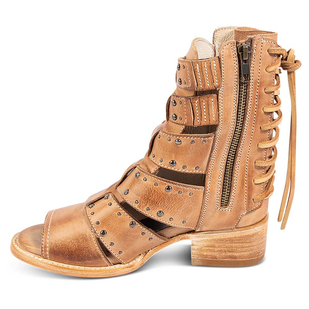 Brown Vegan Leather Studded Strap Lace-up Side-Zip Ankle Boots     Nicepairs