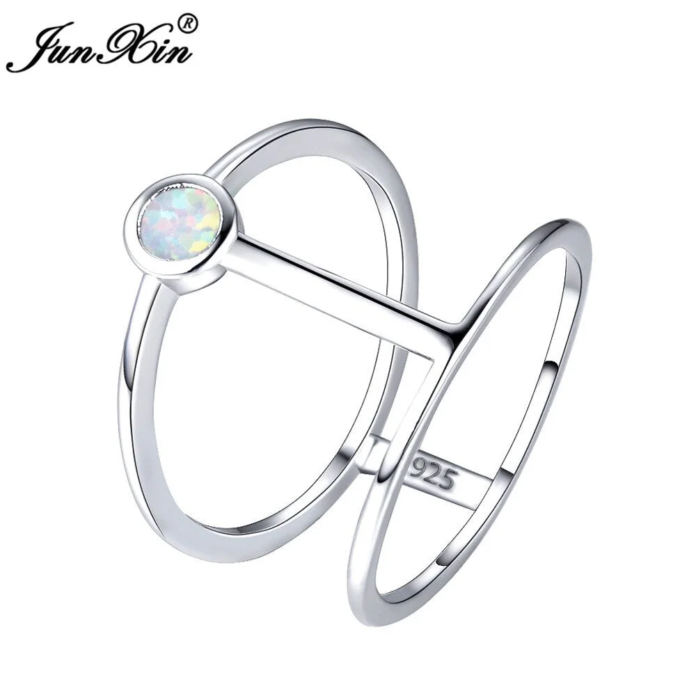 JUNXIN New Fashion Men Women Blue Fire Opal Stone Ring Unique Geometric Finger Ring Silver Color Wedding Rings