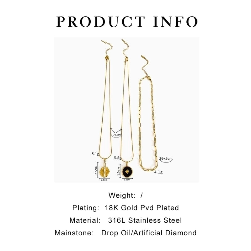 Nordic Style Retro Eight Awn Star Geometric 316L Stainless Steel  Rhinestones 18K Gold Plated Irregular Enamel Inlay Pendant Necklace