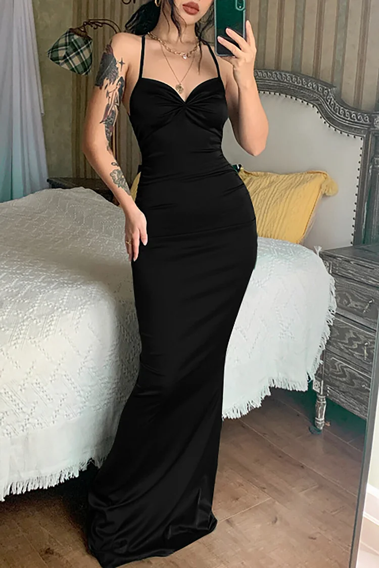 Solid Color Fitted Lace Up Backless Ruched Gowns Slip Maxi Dresses-Green