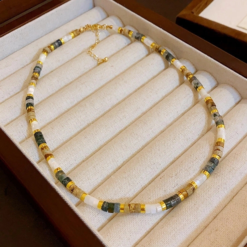 Natural Stone Freshwater Pearl Minimalist Beaded Geometric Necklace