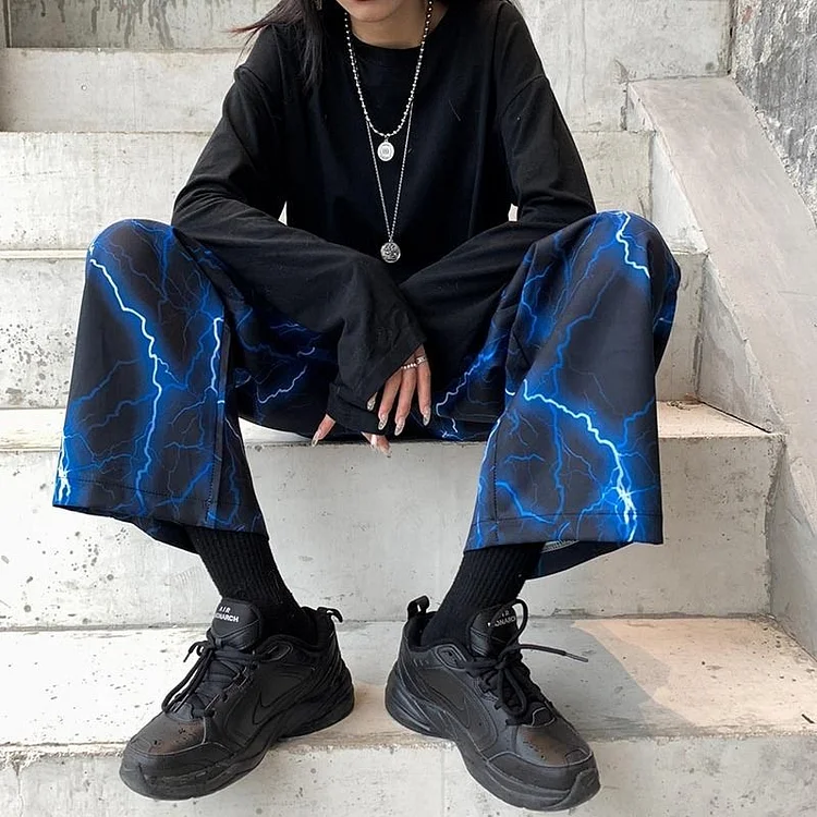 Street Black Elastic Waist Contrast Color Lightning Wide Leg Pants  